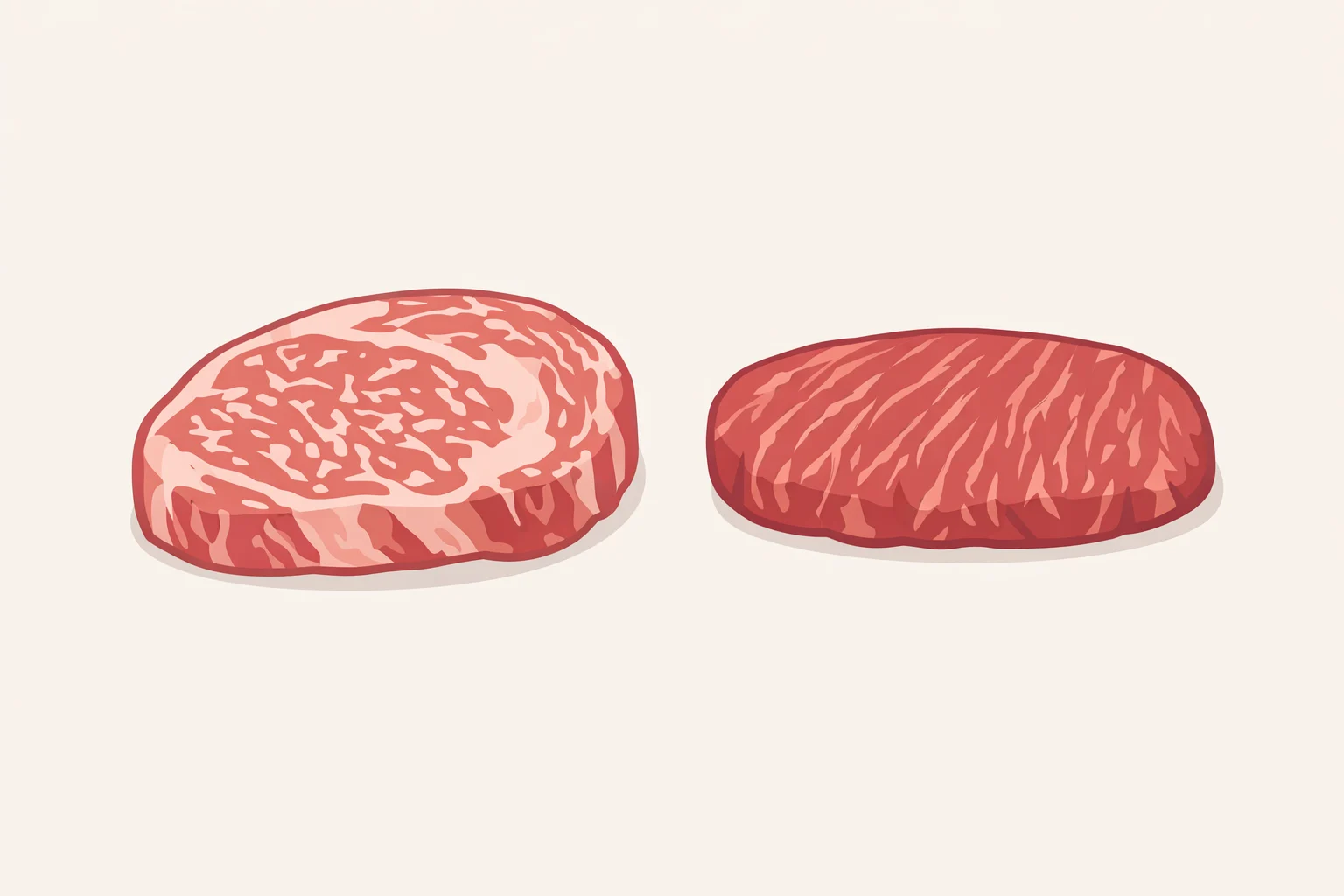 Comparison image of ribeye vs hanger steak: marbled intramuscular fat in ribeye alongside hanger steak's lean open grain and stronger beef color for hanger steak vs ribeye decision-making