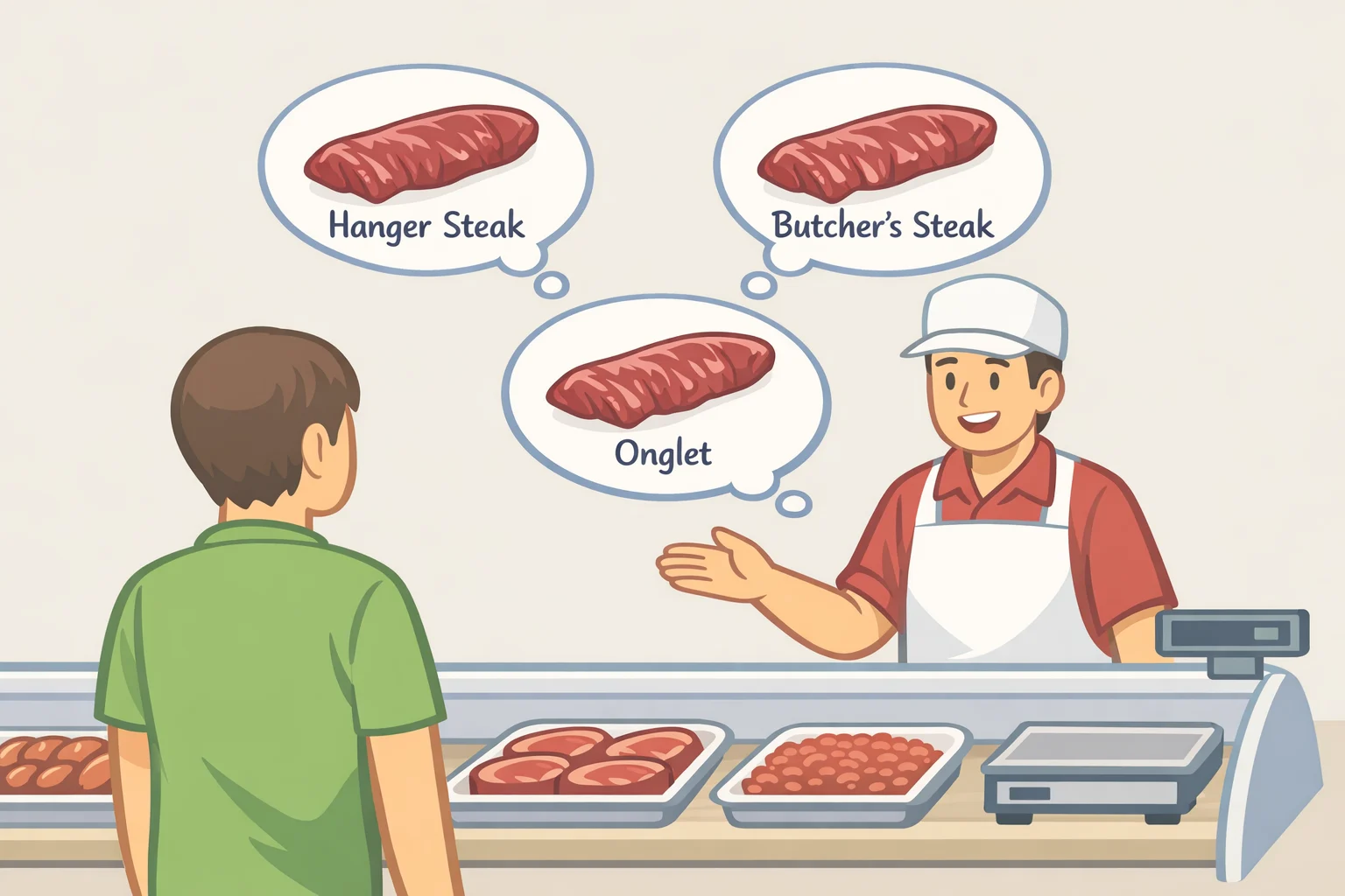 Illustration of a butcher counter case where a shopper asks for "hanging tender" or "onglet" so they can set aside hanger steak from a whole-animal processing supplier