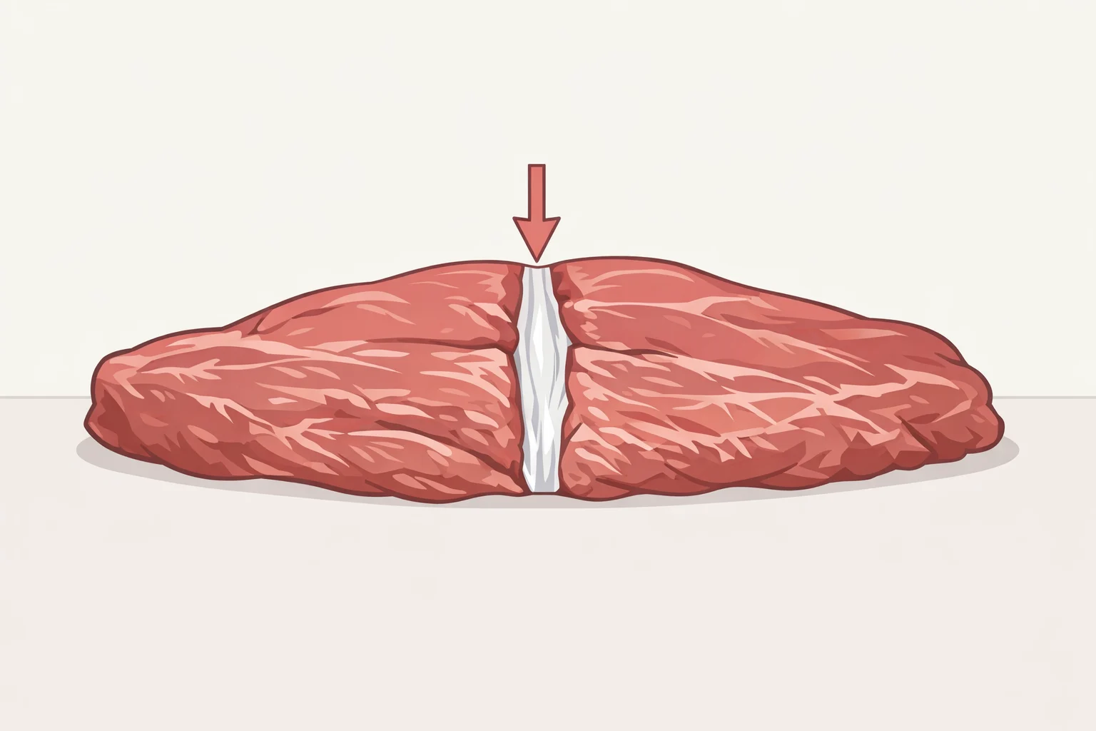 Diagram of hanger steak anatomy showing the single muscle from the diaphragm and the thick center silverskin membrane that must be removed before slicing