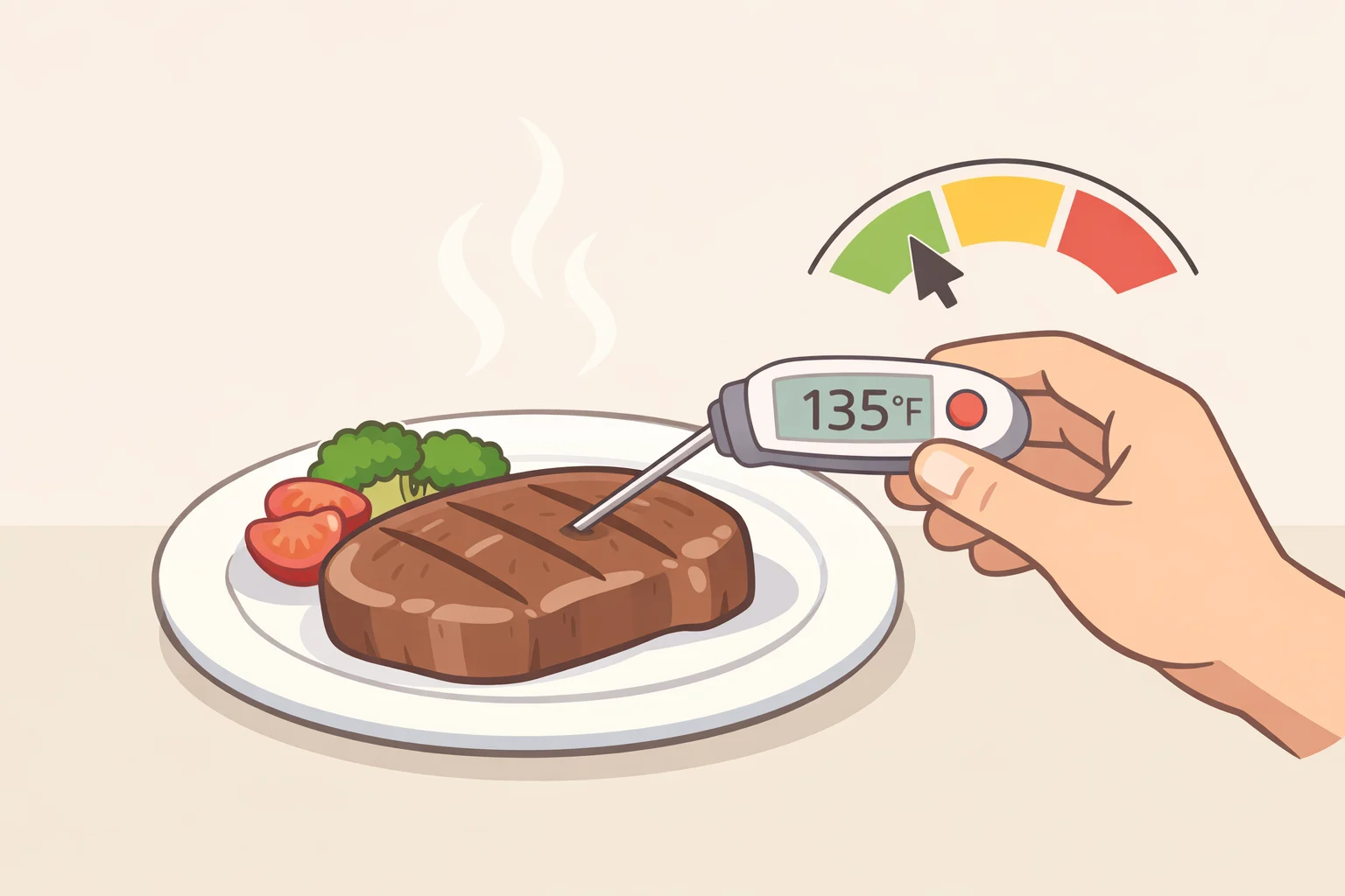 Photograph of an instant-read thermometer inserted into hanger steak to confirm the pull temperature of 125–130°F to avoid a chewy, dry result