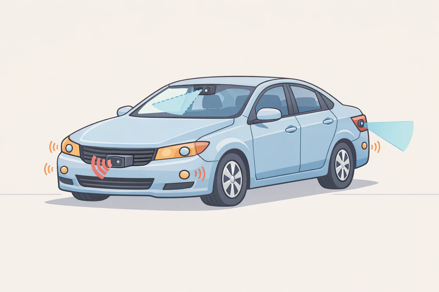 A diagram of a modern truck with labeled ADAS components hidden in the bumper fascia and mirrors, showing how a simple parking-lot dent can trigger sensor replacement and ADAS recalibration