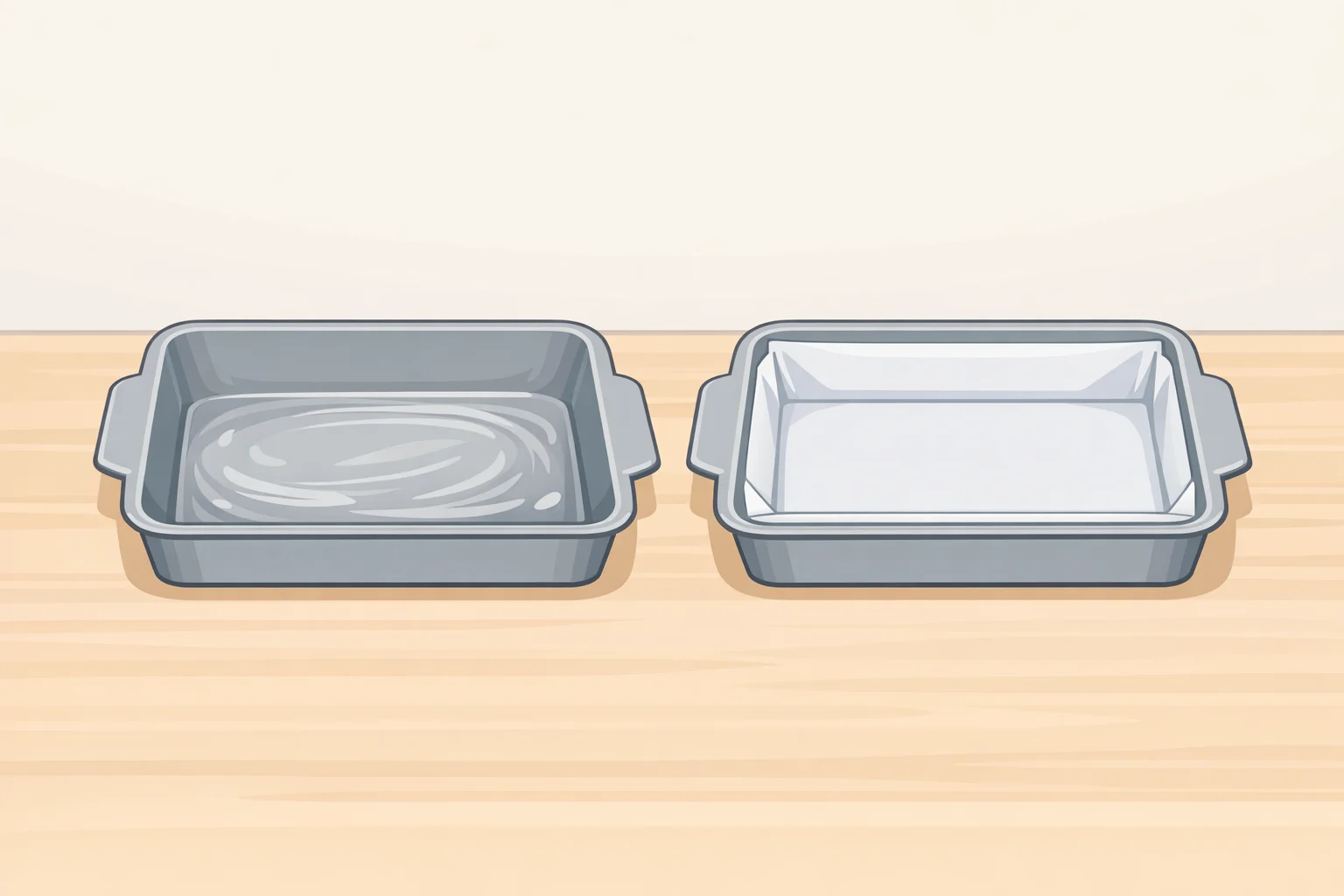 Top-down view of two 13x9-inch metal baking pans greased and lined with parchment overhang for the copycat Costco sheet cake recipe