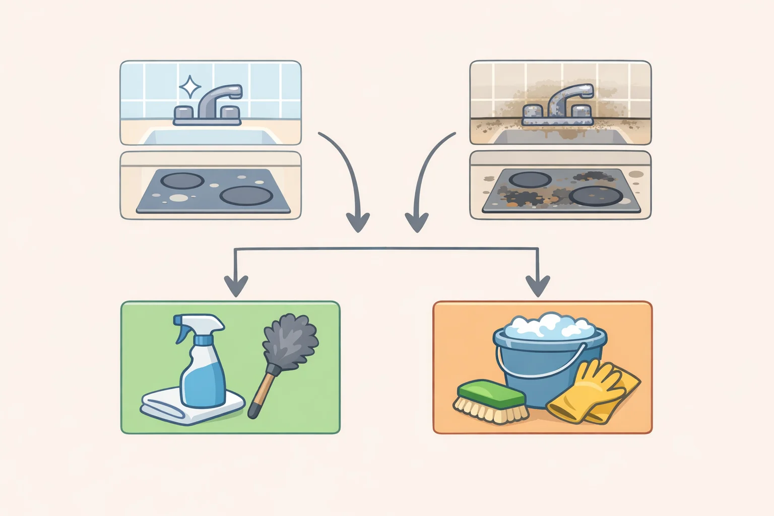 Illustration of a quick decision guide table showing when to do a Tier 1 quick routine versus a Tier 2 deep clean based on residue, grease, and flare-up behavior
