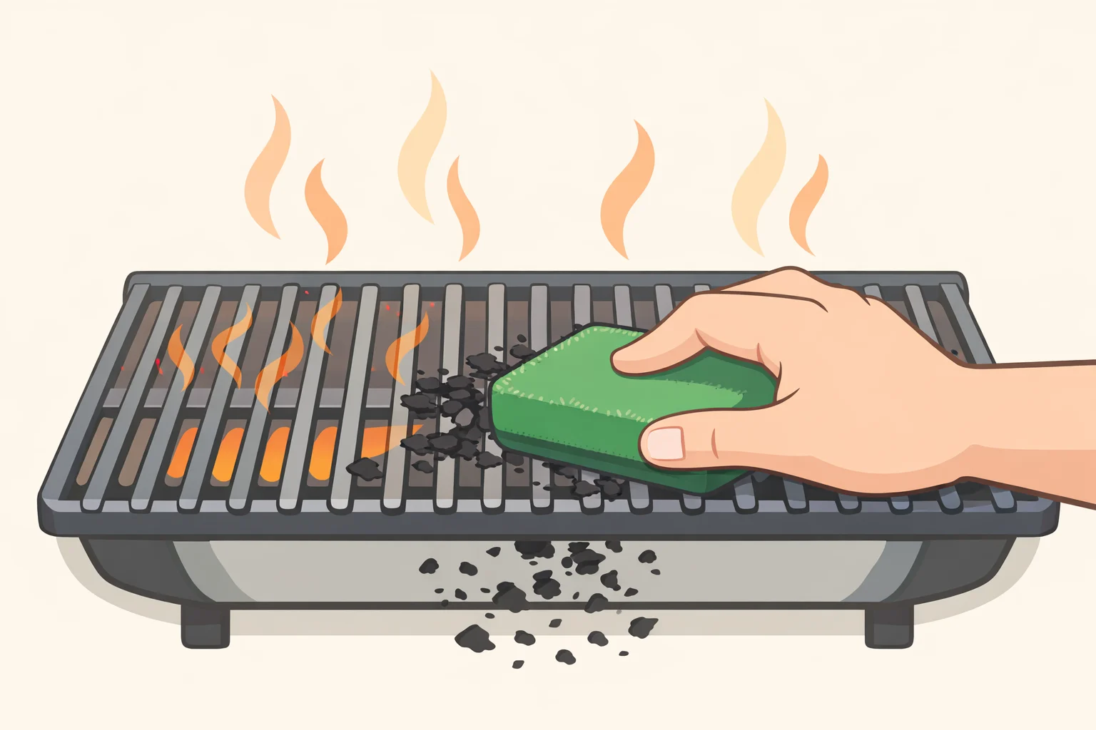 Illustration of how to clean grill grates after each cook by scraping warm residue with a nylon pad, mesh scrubber, or folded foil held with tongs