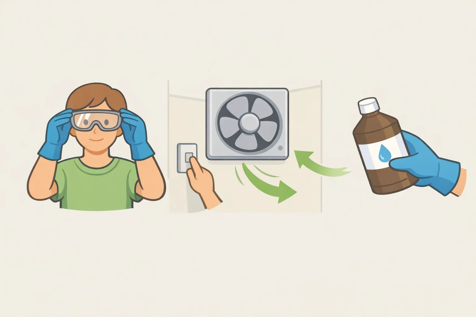 Illustration of a person wearing safety goggles while an exhaust fan runs before applying 3% hydrogen peroxide to prevent eye exposure and inhalation
