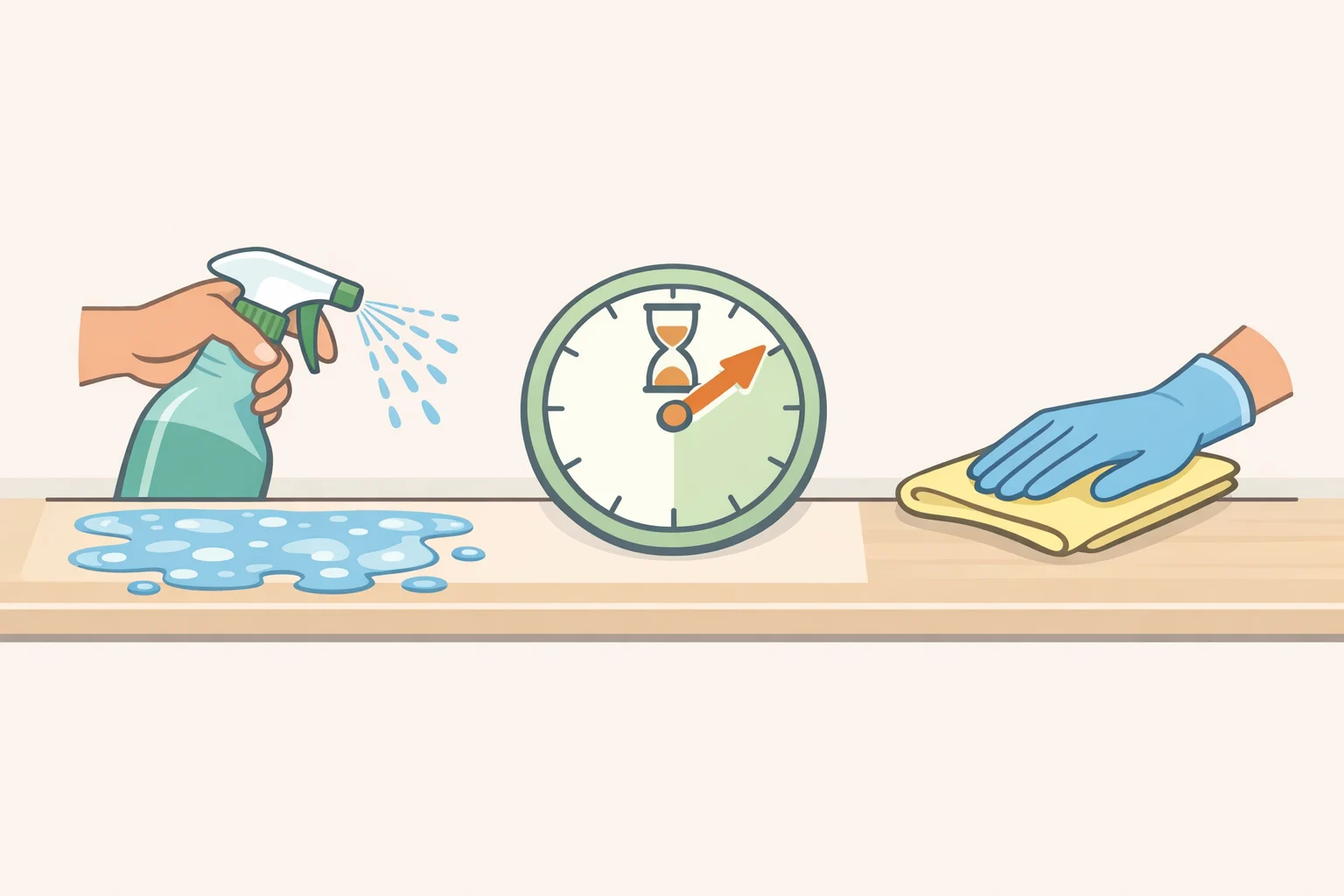 Illustration of 3% hydrogen peroxide remaining visibly wet on sealed tile with a timer indicating the product label contact time before wiping