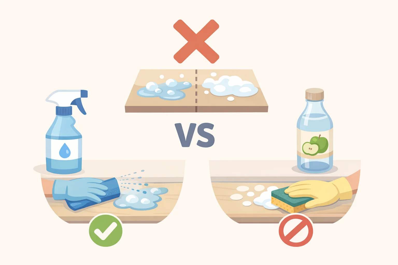 Illustration showing hydrogen peroxide used first, fully drying, and then a note indicating vinegar should not be sprayed on the same surface to avoid hazardous reactions