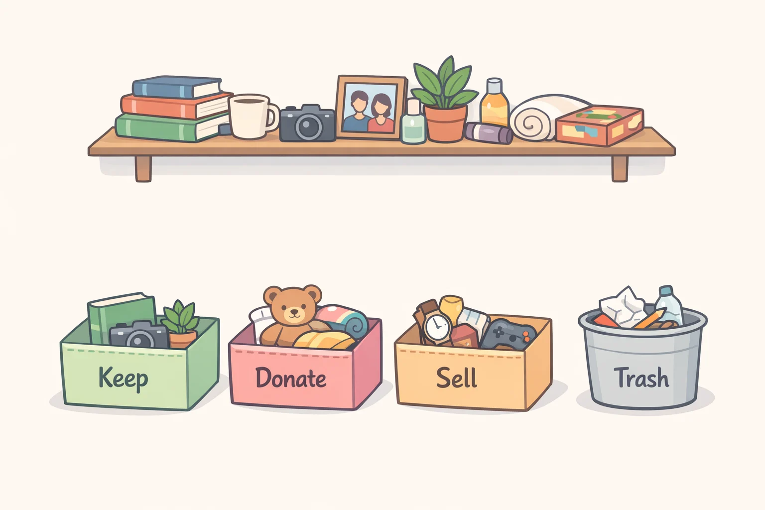 Sorting map of open shelving categories—decorative, daily-use noisy items, personal intimate objects, and no-clear-role clutter