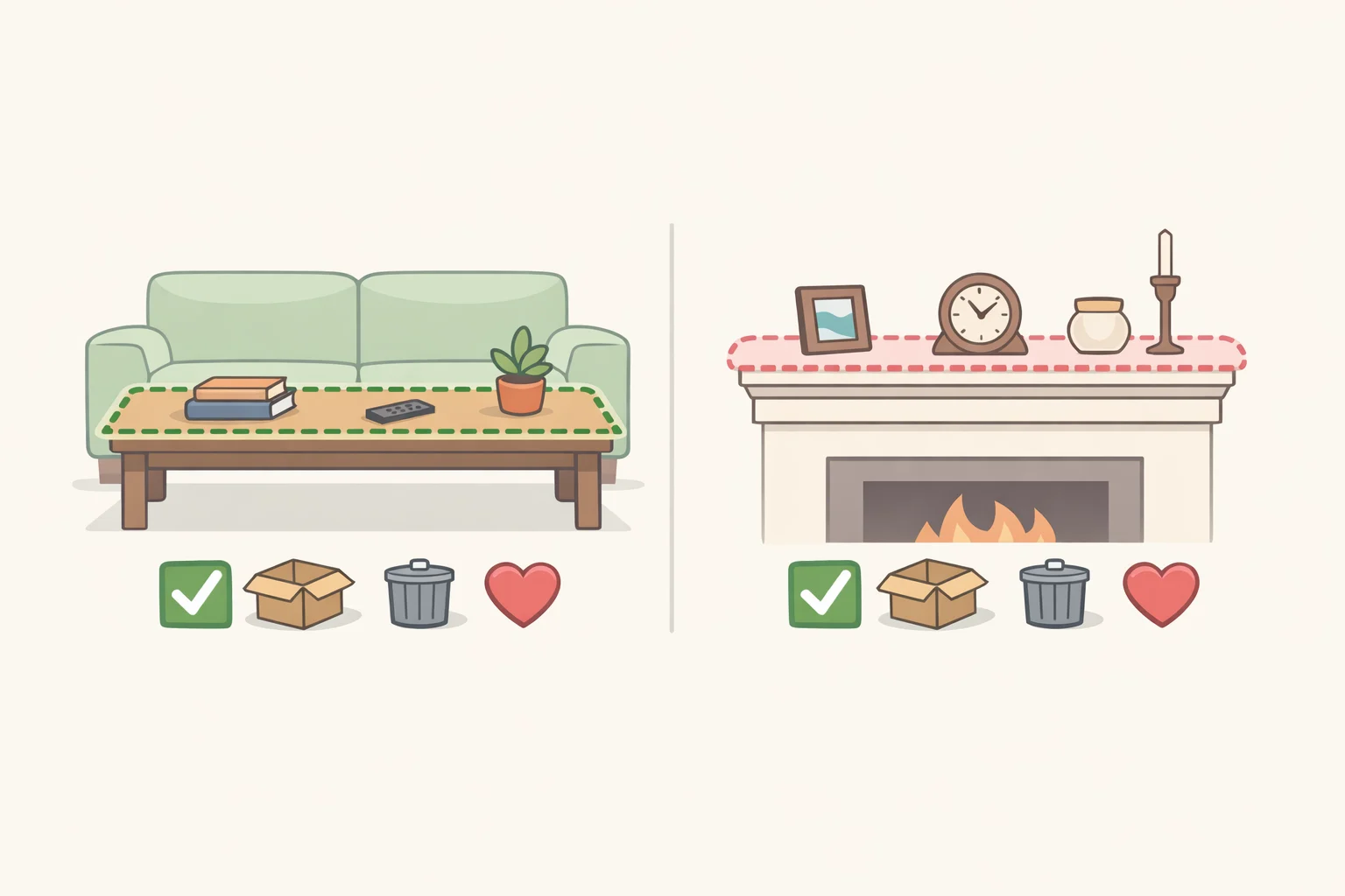 Illustration of a living room with highlighted coffee table, mantel, and windowsill zones, showing which items stay visible and which move to closed storage