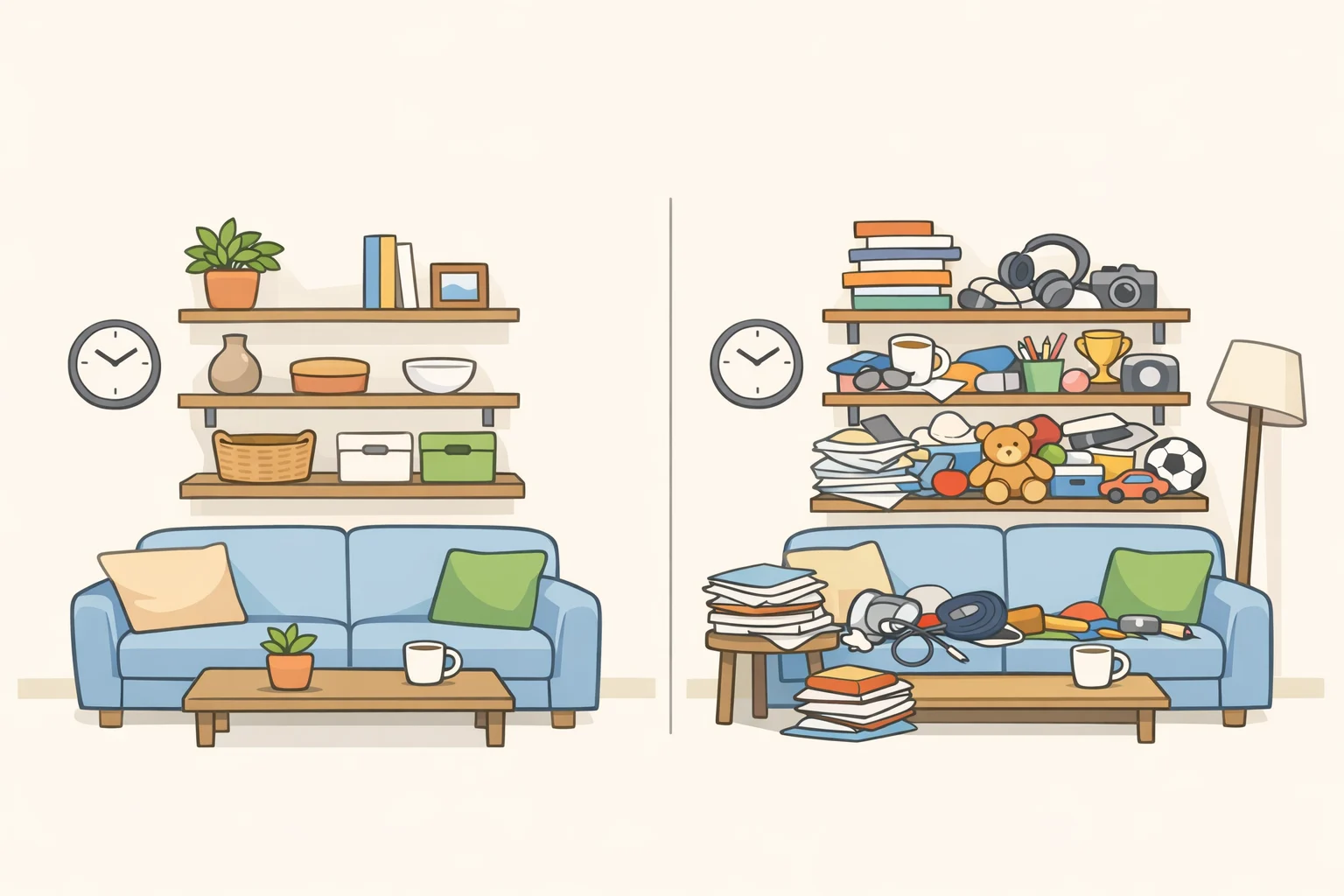 Diagram showing how open shelving in a living room visually competes for attention with everyday objects, cables, and décor