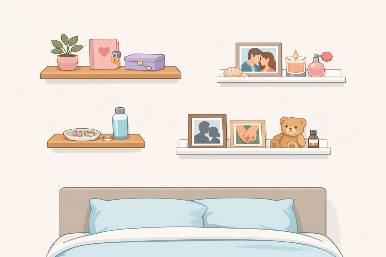 Bedroom layout with wall-mounted shelves above the bed and picture ledges for books and small photos, contrasted with open shelving in living room habits