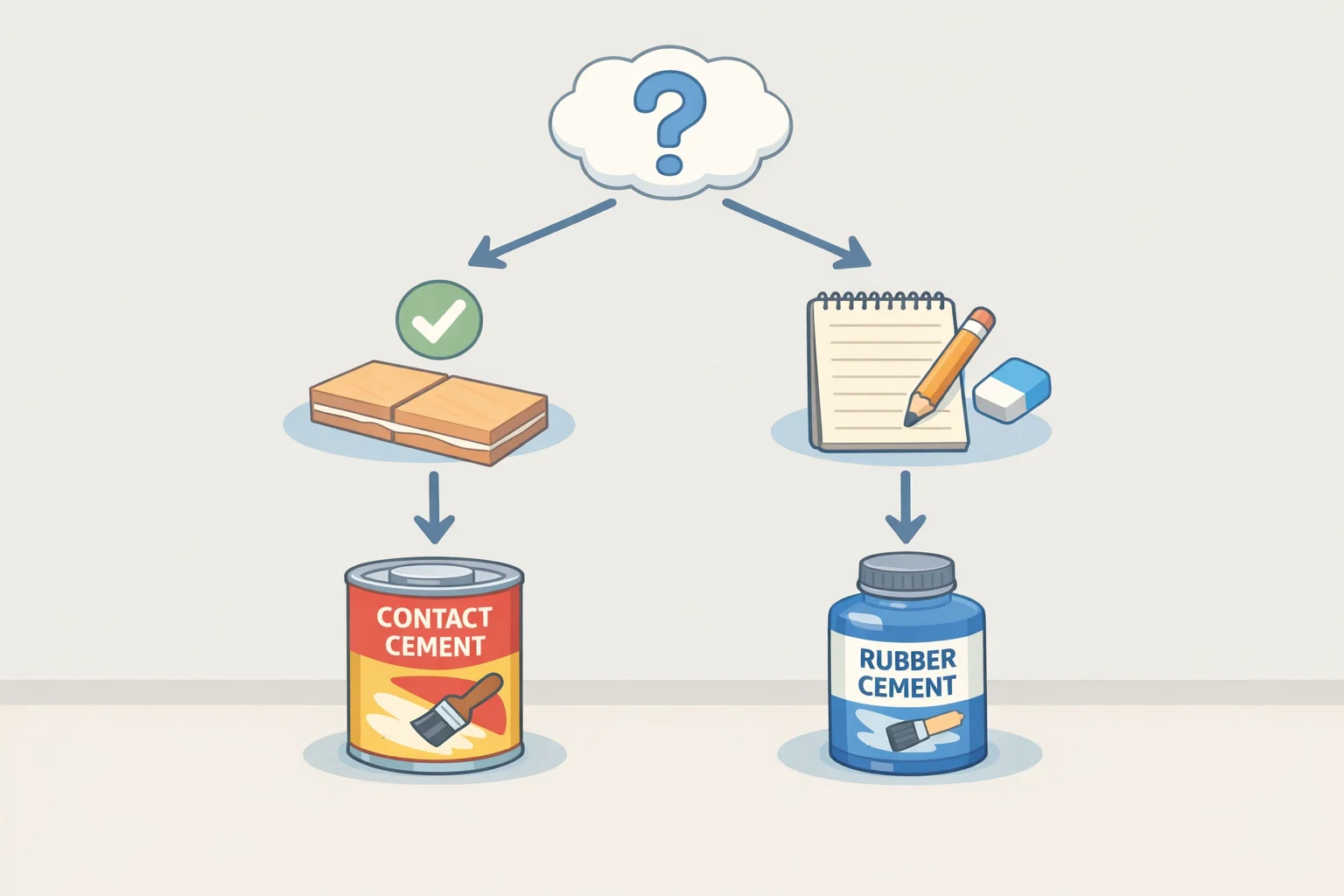 Decision-flow graphic guiding selection of contact cement for permanent, pressure-activated bonds versus rubber cement for reversible applications, with reminders to consult the product SDS and TDS