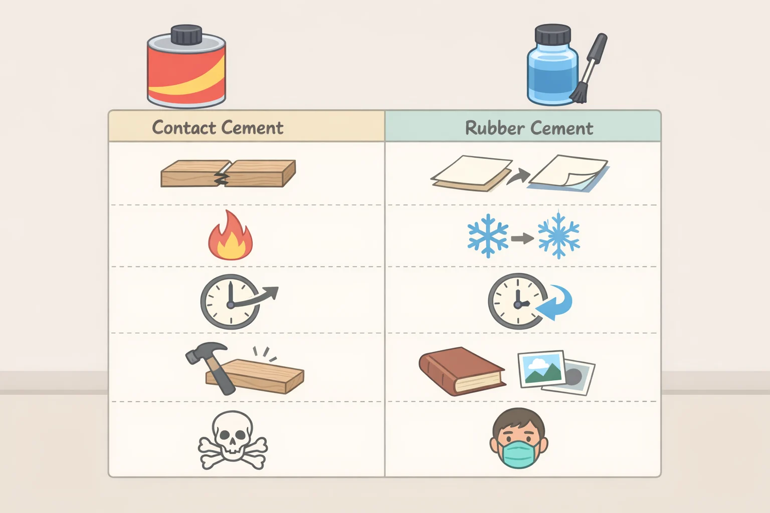 Comparison graphic of contact cement vs rubber cement showing bond permanence, application to one or both surfaces, repositioning, heat and water resistance, and cleanup differences
