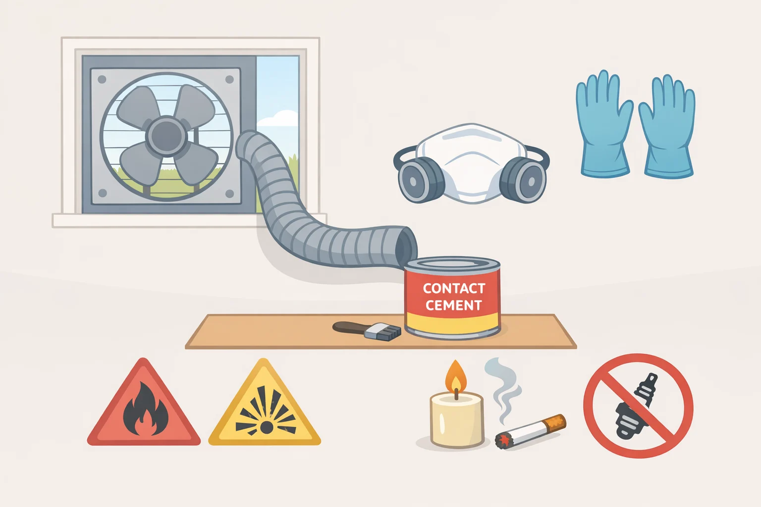 Illustration of a workspace with open windows, controlled ventilation, and elimination of ignition sources when using solvent-based contact cement due to high flammability and VOC risks