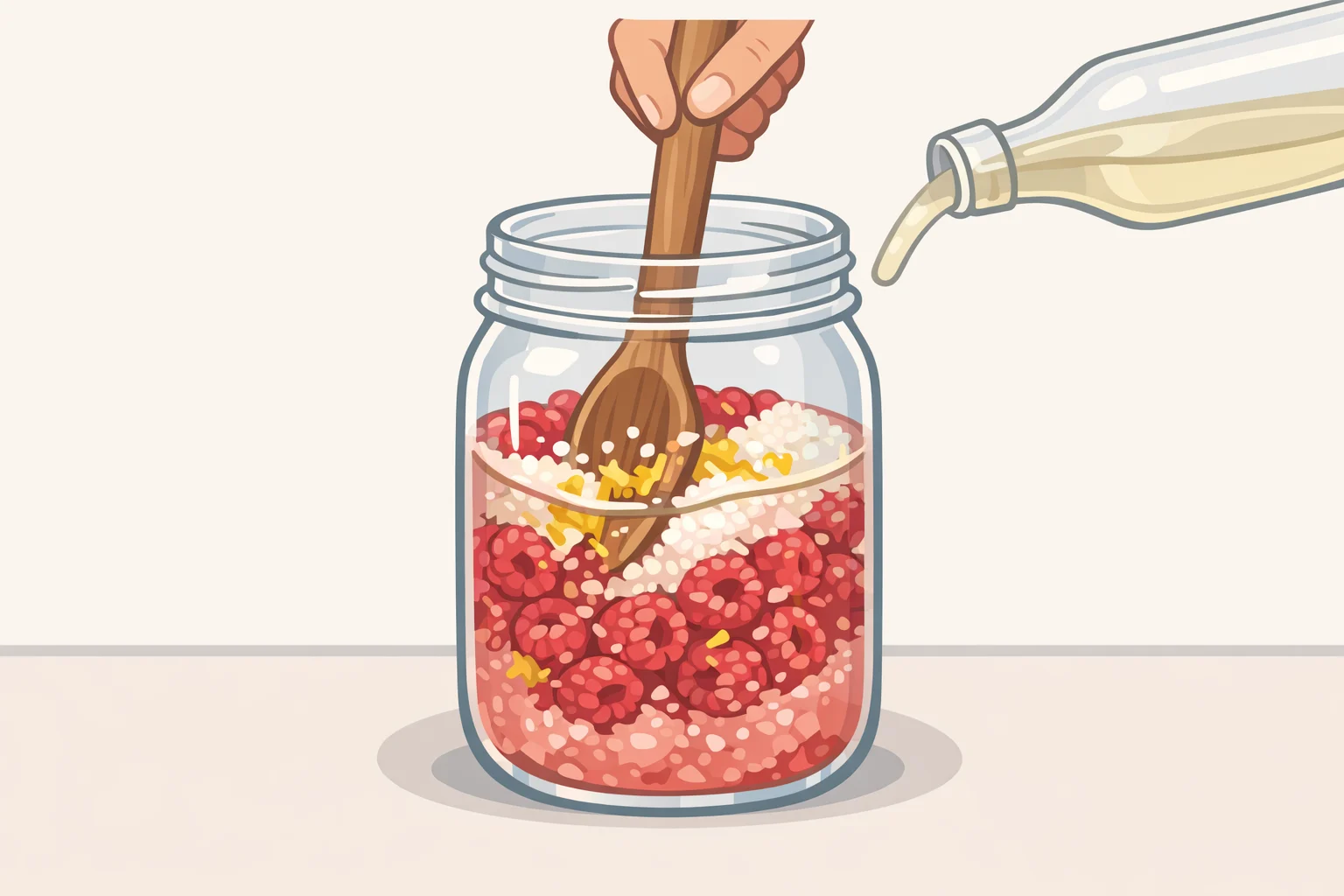 A jar prepared for the raspberry shrub mocktail recipe with raspberries, sugar, lemon zest, and white wine vinegar being stirred and then covered for refrigeration