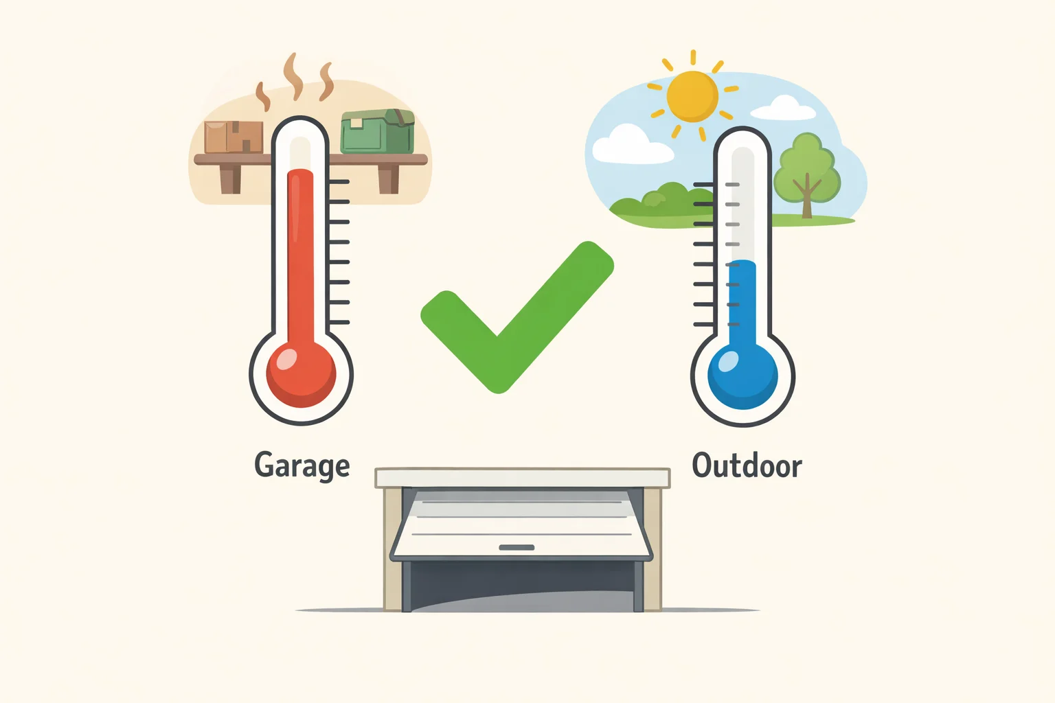 A homeowner checking an outdoor/indoor thermometer and deciding whether does opening your garage door cool it down based on a real temperature differential