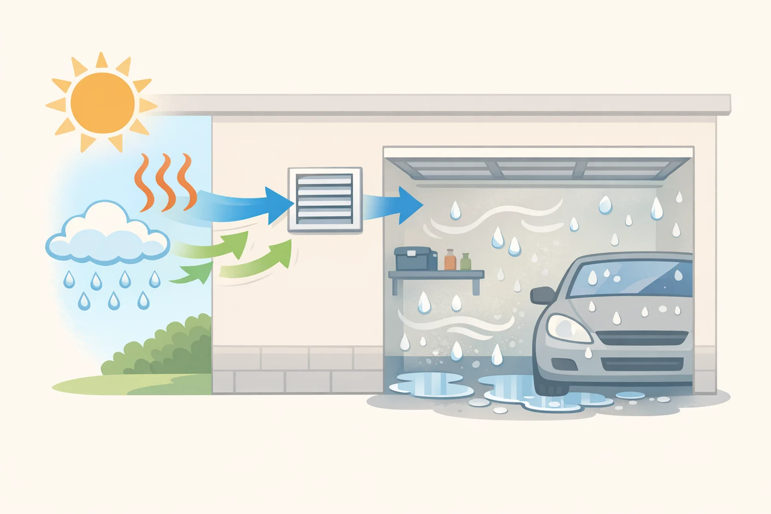 A humid-summer diagram of warm, wet outdoor air being pulled into a garage via exhaust-only ventilation, increasing condensation risk and cooling costs