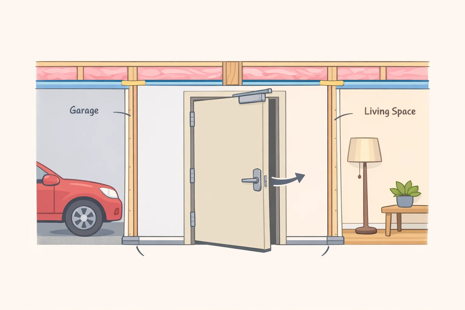 Code-compliant attached-garage separation showing an air-sealed wall, fire-blocked penetrations, and a self-closing fire-rated door preventing garage air from entering the home