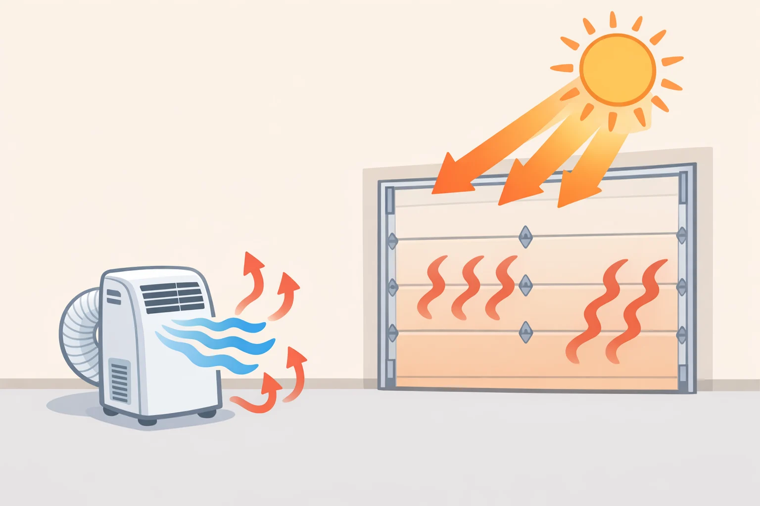 Portable AC trying to cool a hot, sun-baked garage where heat radiates back through a thin, uninsulated door—moving air alone can’t stop the structural load