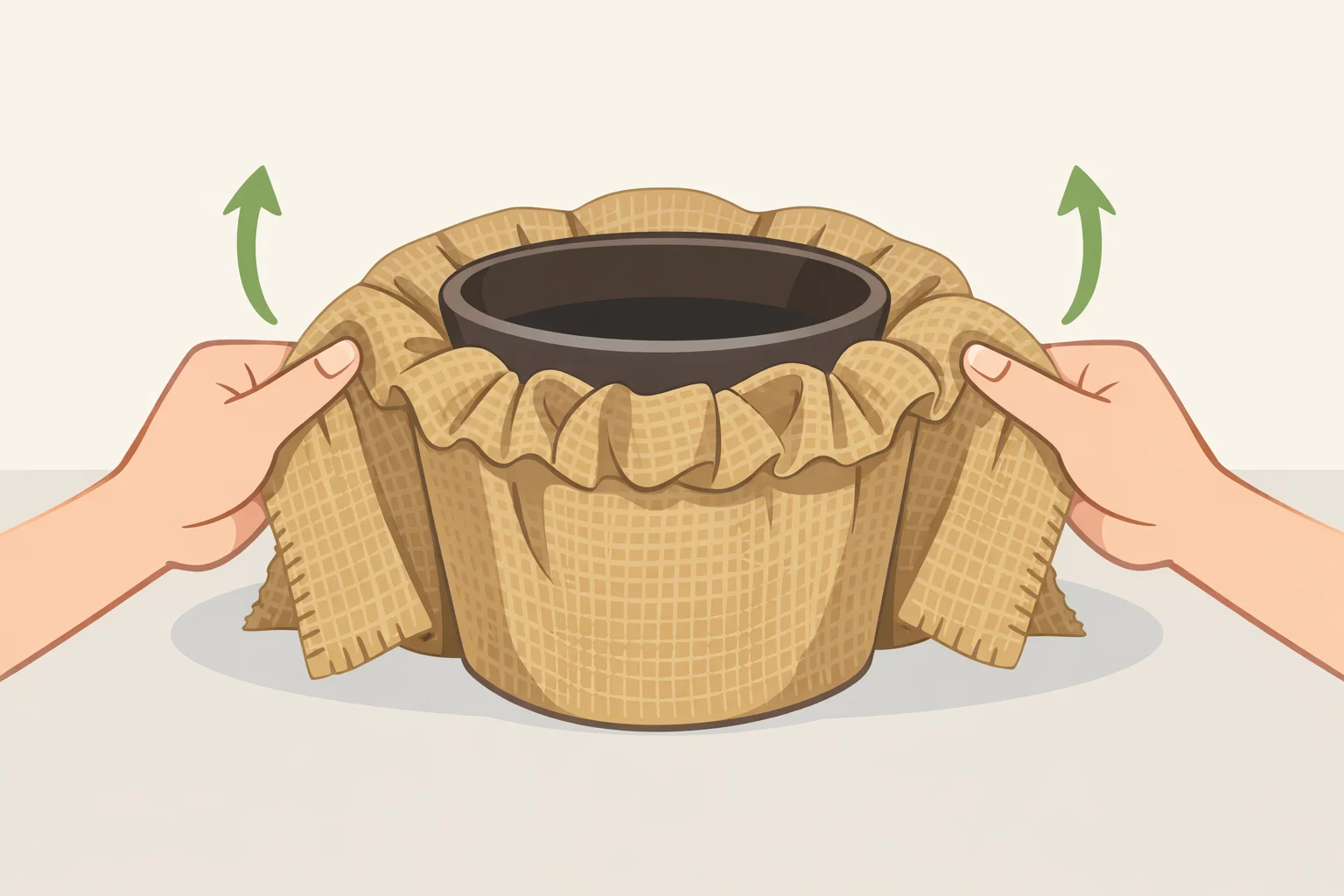 Step-by-step view of burlap wrapped around a plastic planter with even tension and pleats on a gently tapered pot