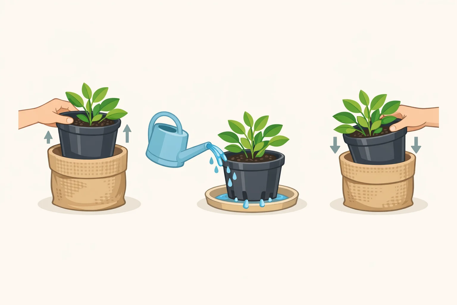Illustration of lifting the inner nursery pot out of the burlap sleeve to water at the sink and drain completely before placing it back