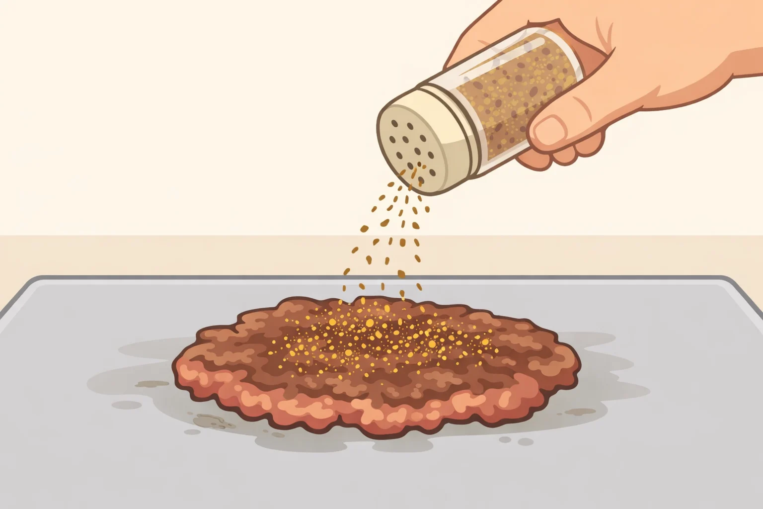 Close-up of Mexican-inspired smash burger seasoning applied immediately after smashing so the spices adhere while the fat renders