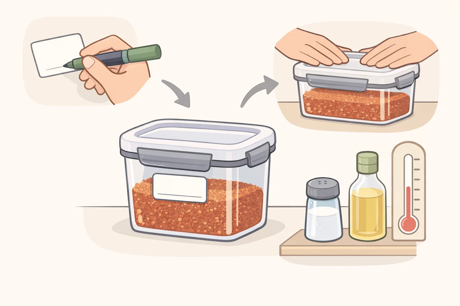 A sealed airtight jar of homemade burger seasoning labeled with the mix date and stored at room temperature to keep spice oils from fading