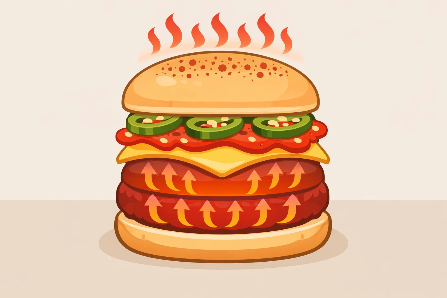 Burger cross-section showing heat spread across the patty seasoning and carried through jalapeño and sauce layers rather than concentrated only inside the meat
