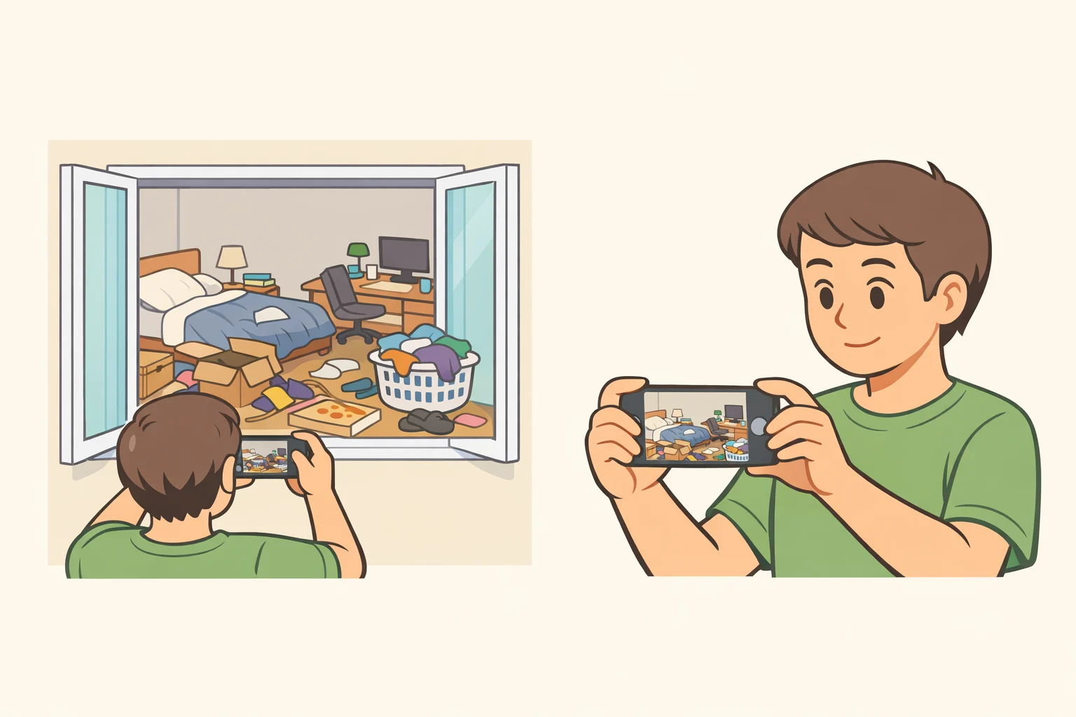 A person taking a smartphone photo of an overfilled corner and comparing the photo to what they remember seeing in person