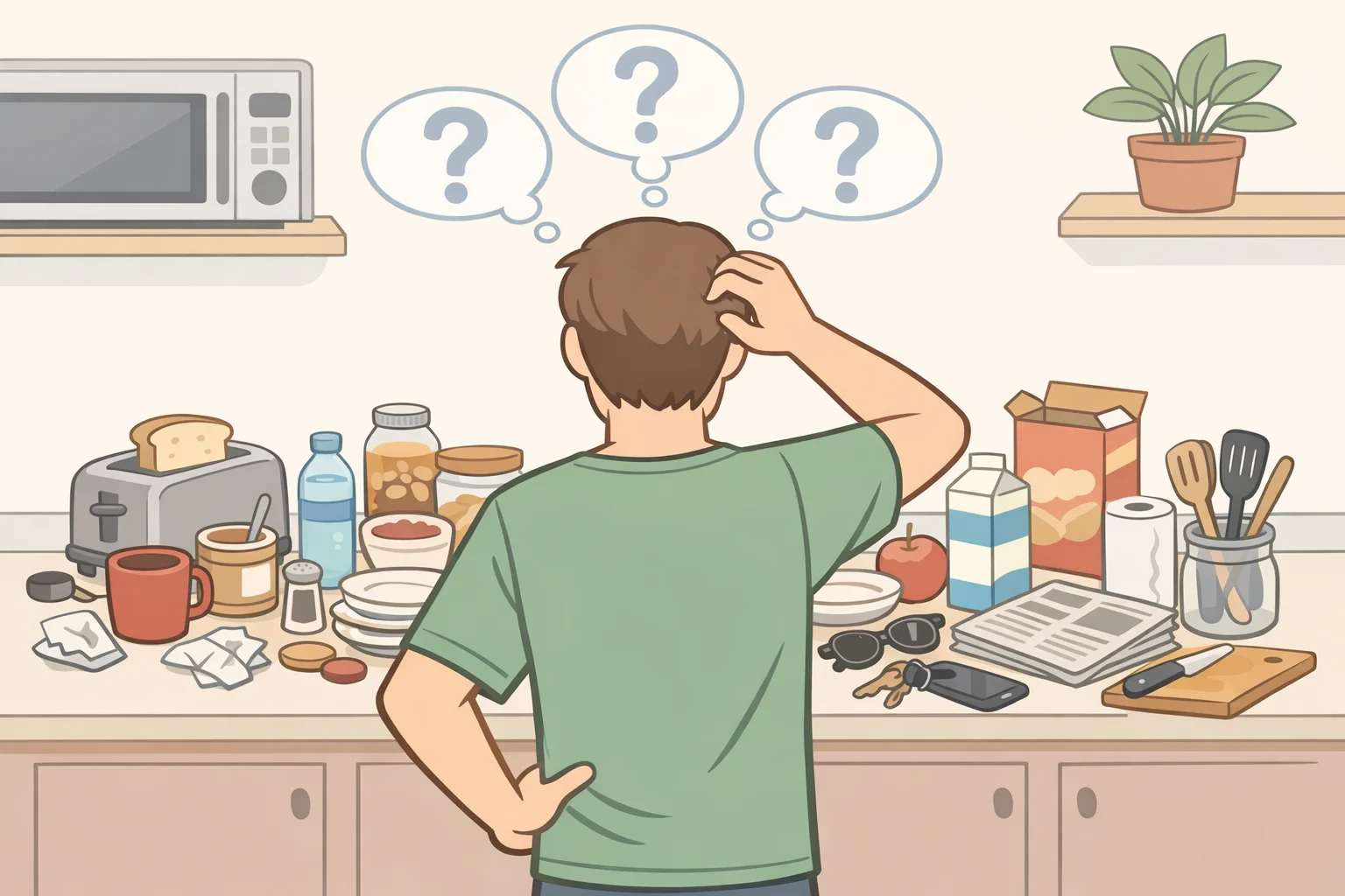 A kitchen counter with scattered mail, small appliances, and duplicate items to illustrate the signs you're clutter blind, where daily clutter becomes "background noise" and hard to process