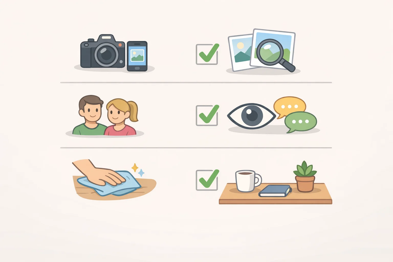 A simple infographic-style checklist showing repeated clutter-intervention steps: photograph a problem area, get an outside opinion, and reset one surface with a timer