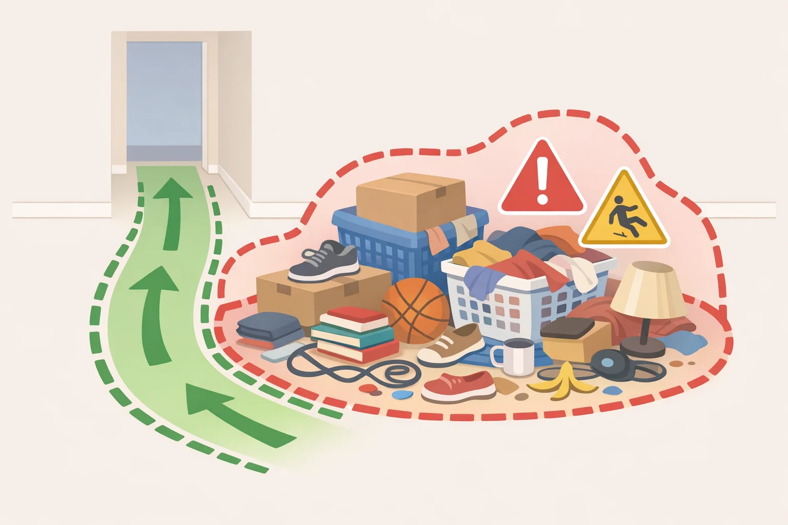 A doorway and hallway blocked by clutter, illustrating when the problem goes beyond lifestyle disorder into a safety and usability concern