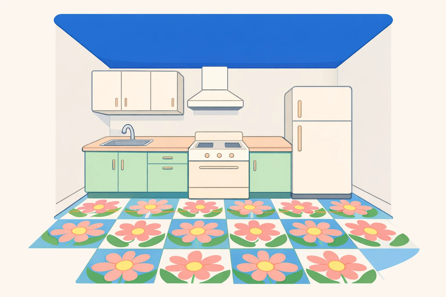 A kitchen scene with an ultramarine-painted ceiling paired with a patterned flower floor, showing bold color fields in a small townhouse