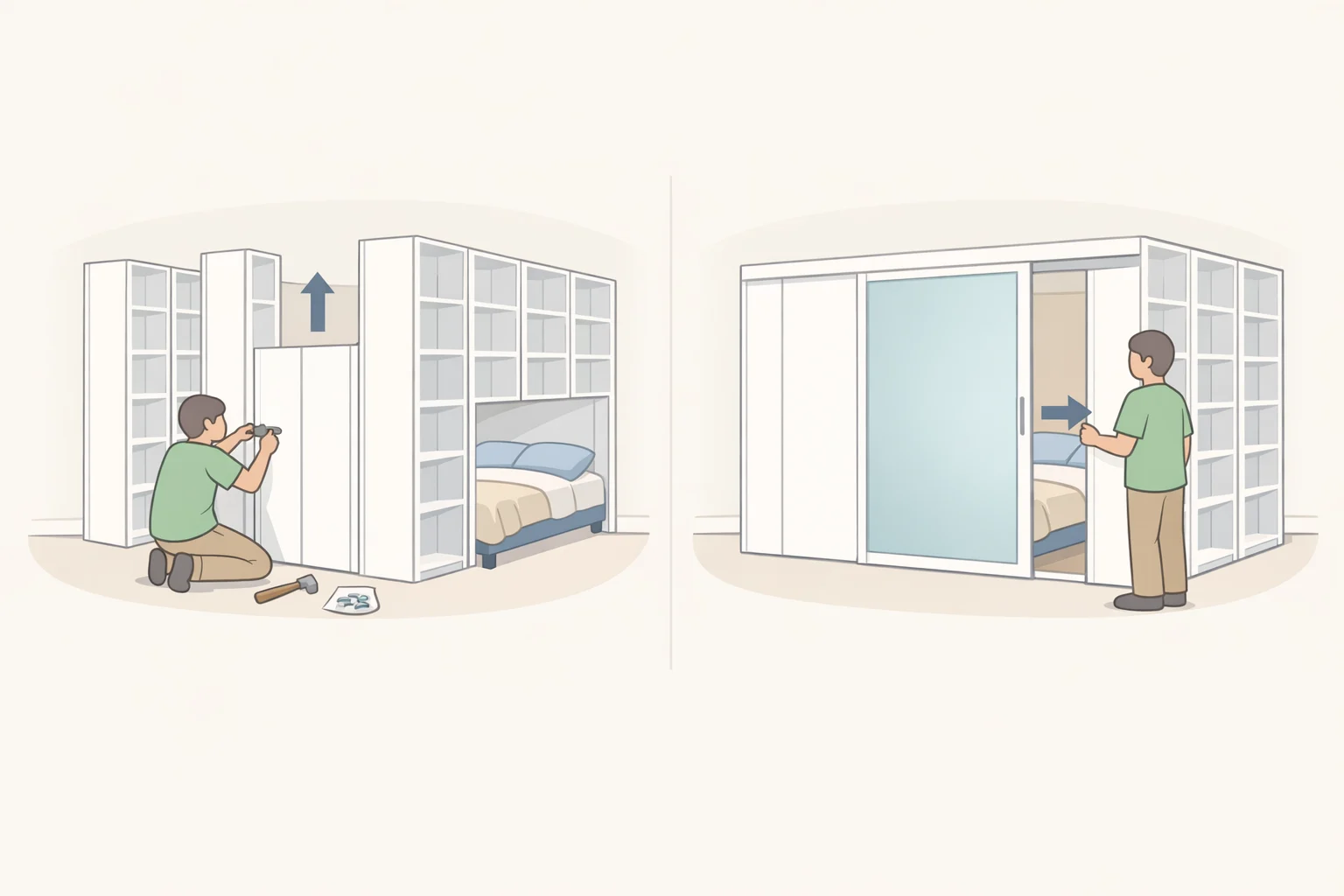 Illustration of a studio partition made from six IKEA BILLY bookcases arranged in a corner, with an IKEA SKYTTA sliding door creating a separate bedroom zone