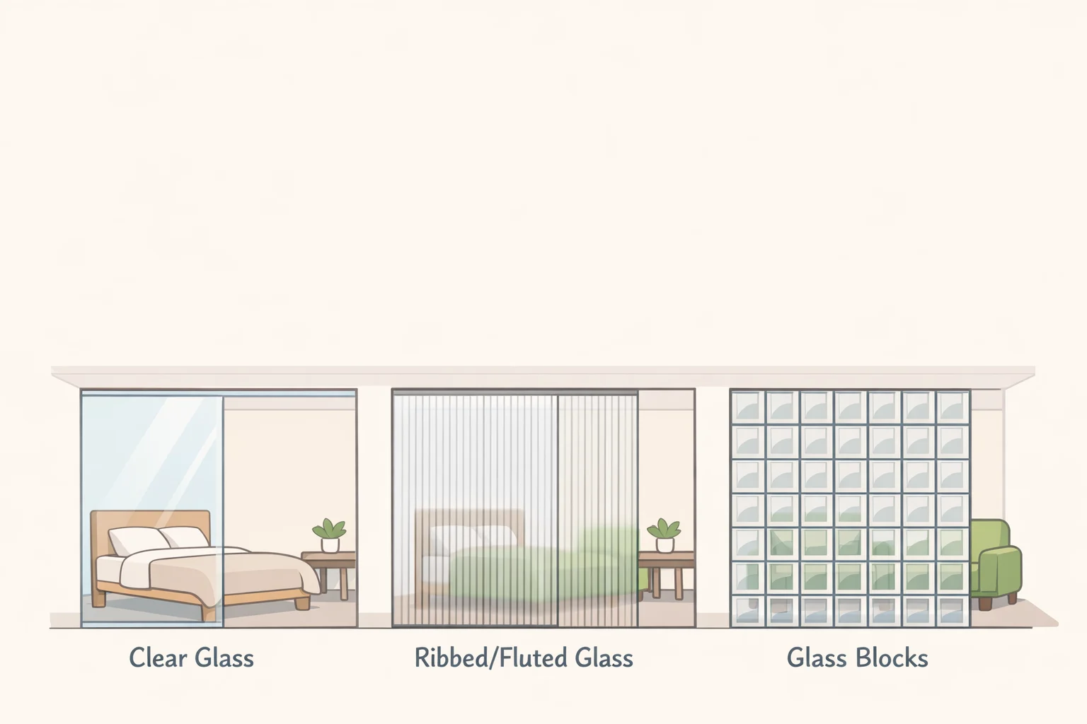 Illustration comparing clear, ribbed/fluted, and glass-block partitions, showing light passing through while the sleeping area gains varying degrees of privacy