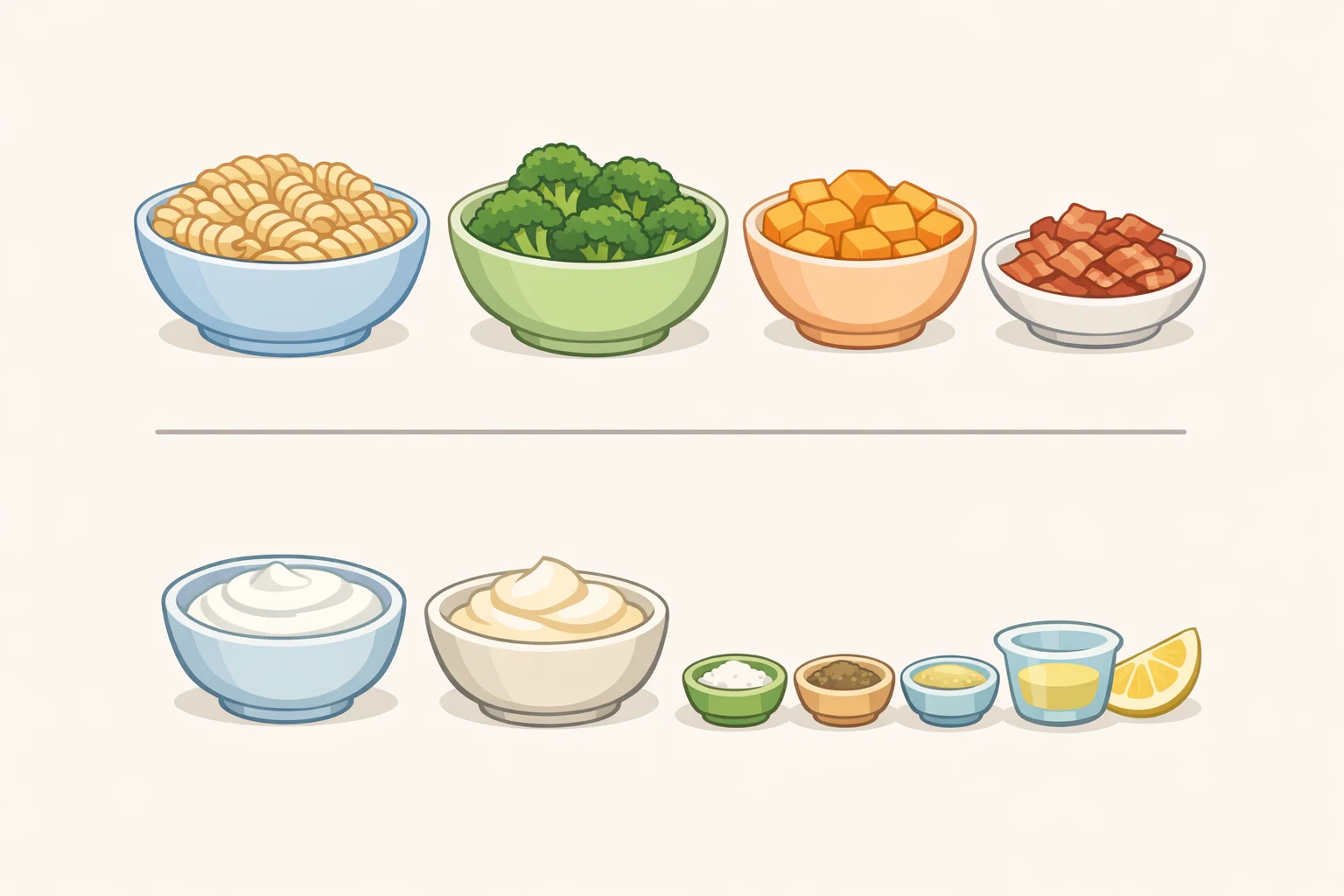Ingredients layout for creamy broccoli cheddar pasta salad with bacon: rotini, broccoli florets, shredded sharp cheddar, thick-cut bacon, red onion, and the Greek yogurt-mayo dressing with vinegar, sugar, salt, and pepper