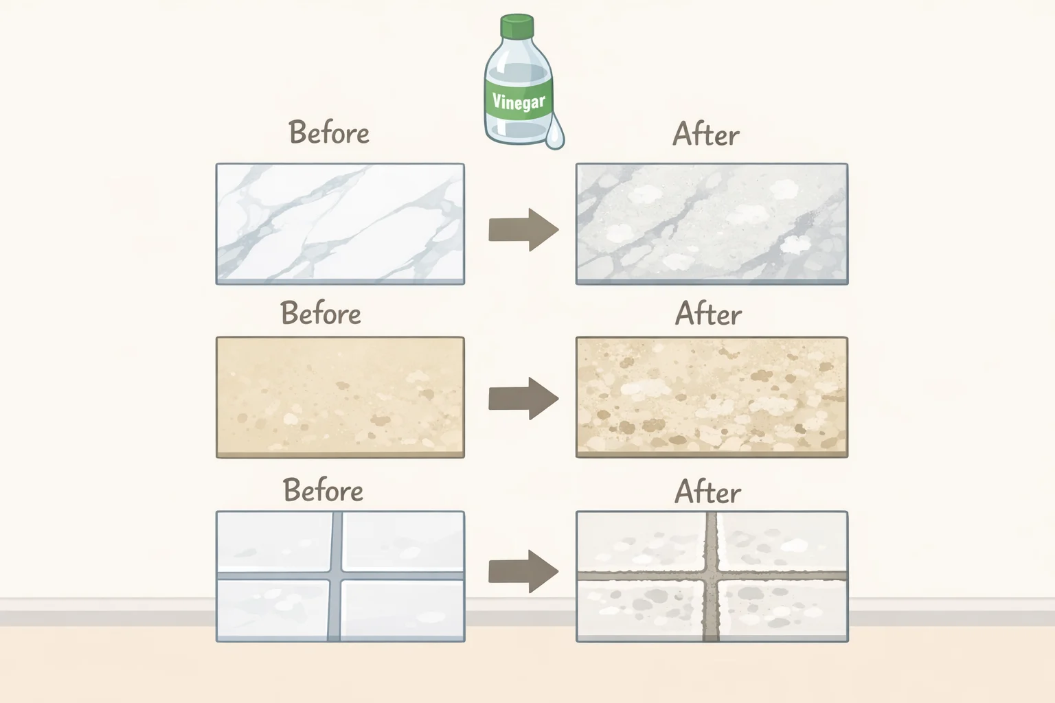 Side-by-side image of marble countertop etching and degraded tile grout caused by acidic vinegar exposure, with a note to use a pH-neutral stone cleaner