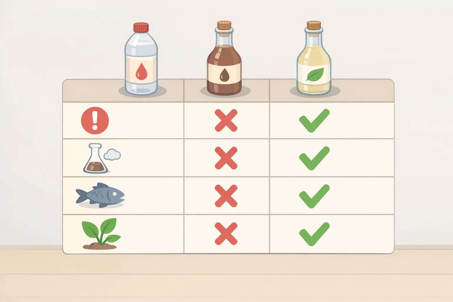Clean infographic-style table comparing white vinegar and cleaning vinegar by task (e.g., descaling, glass, stone, electronics) and indicating the better alternative