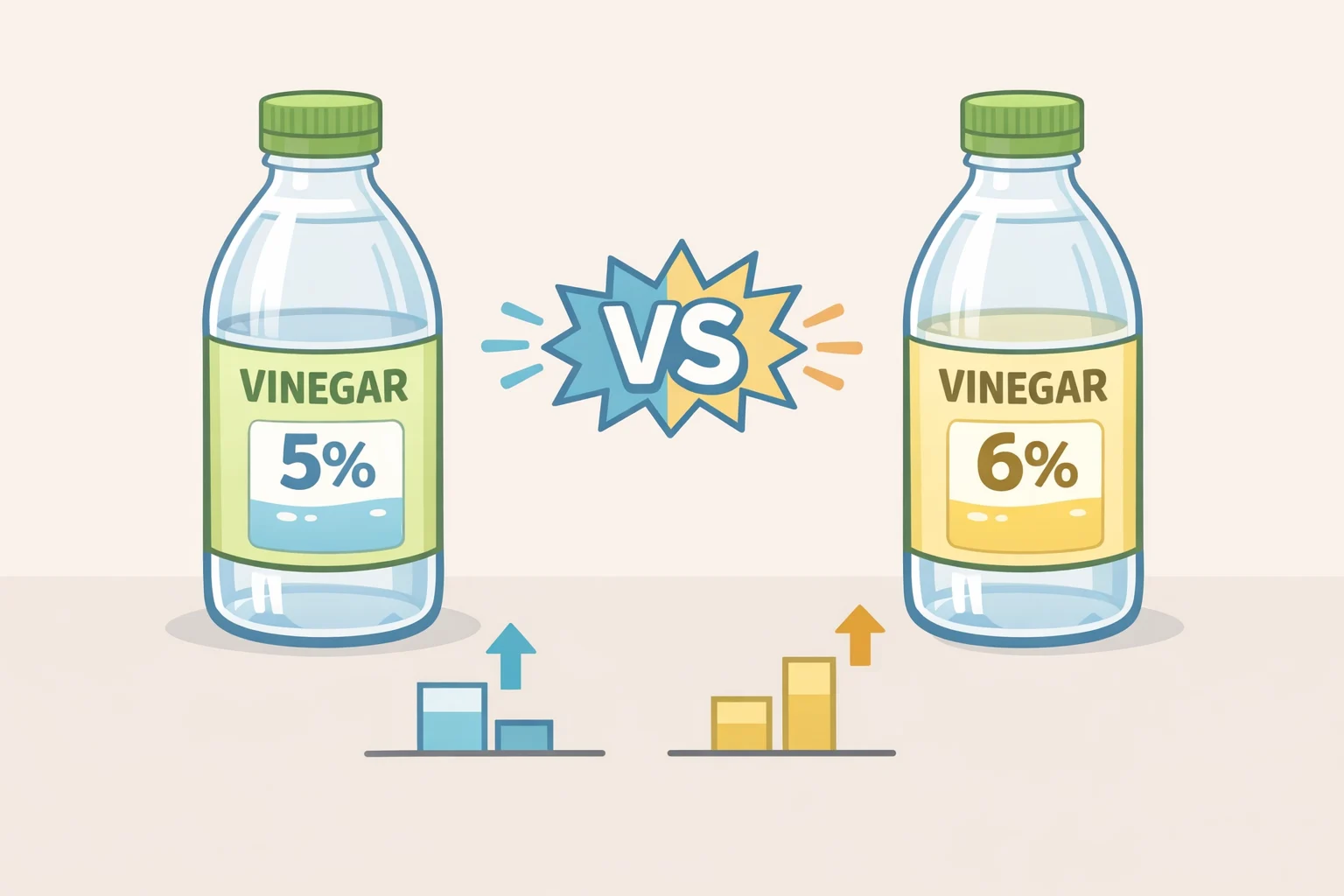 Comparison graphic showing cleaning vinegar vs white vinegar with acetic acid concentration around 6% versus about 5%, illustrating the small but real acidity difference