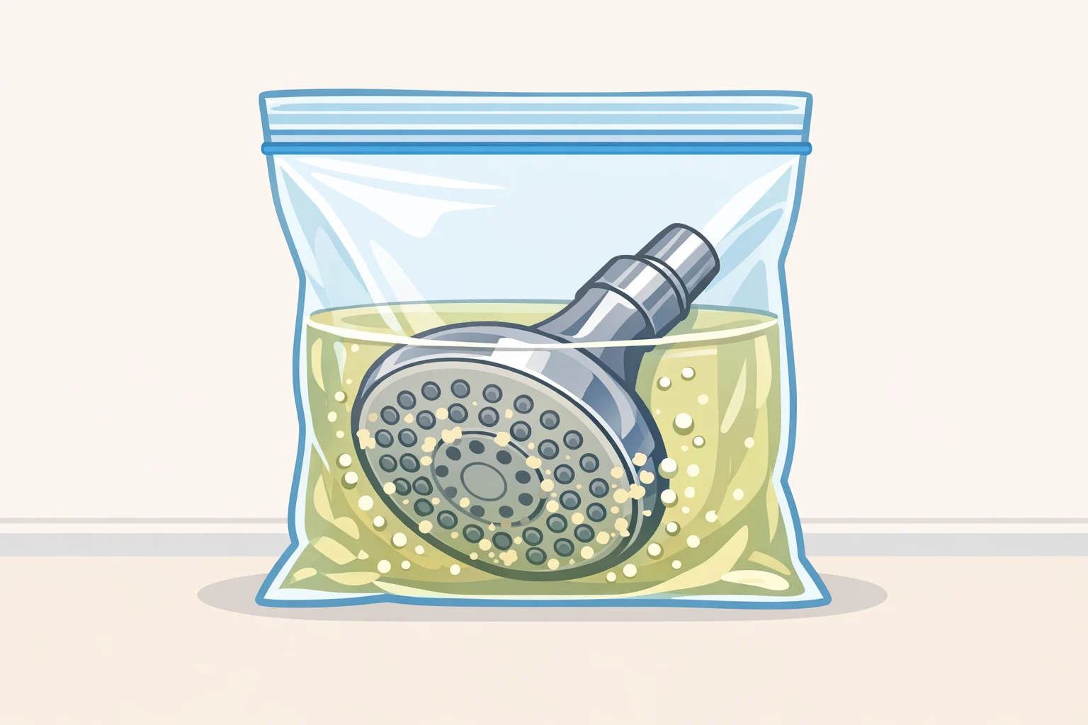 Illustration of a showerhead placed inside a sealed plastic bag filled with distilled white vinegar for soaking mineral deposits