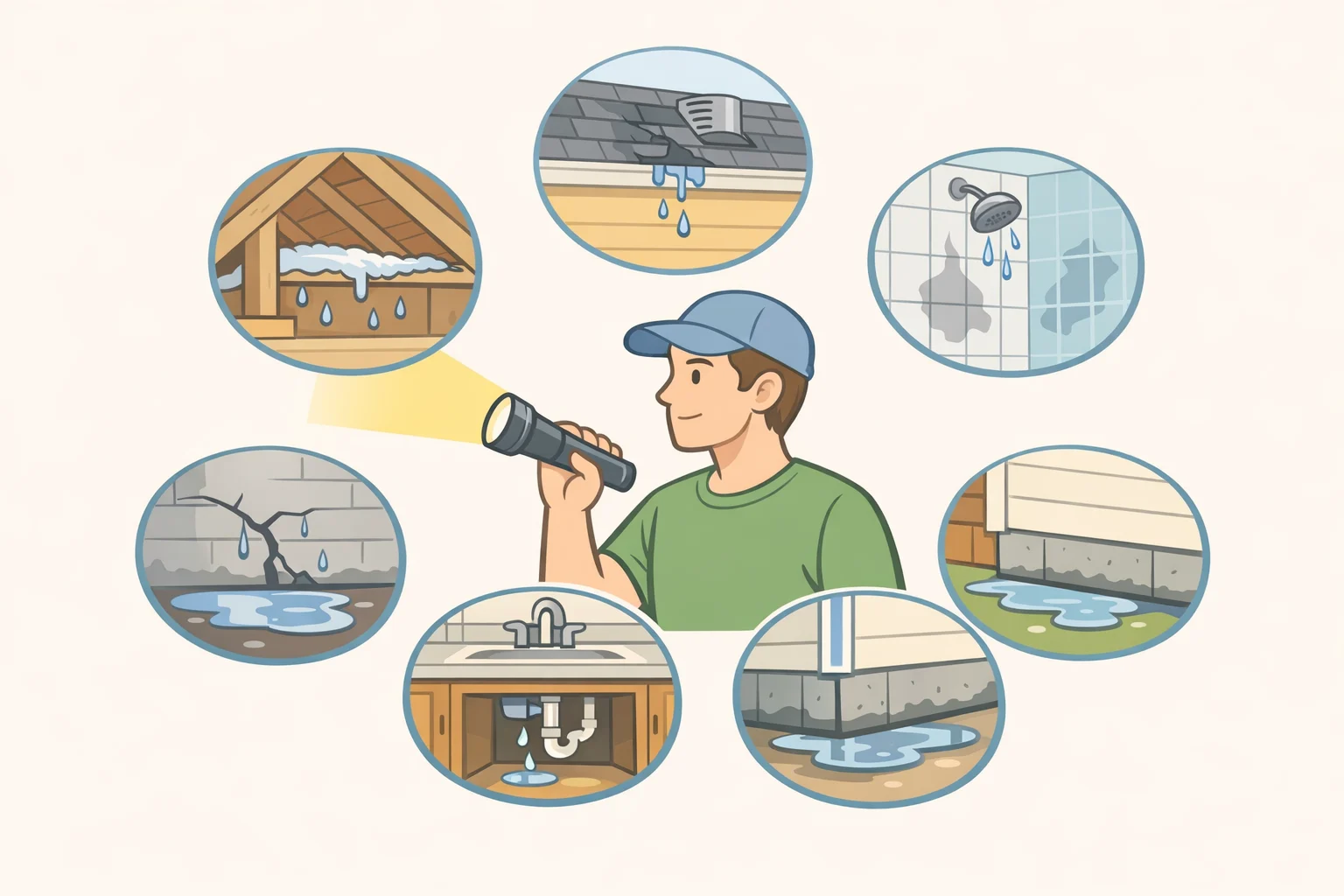 Illustration for a summer deep cleaning guide for Plano TX homes showing a flashlight inspection of under-sink plumbing, toilet base edges, window frames, and exterior wall areas to locate moisture before cleaning