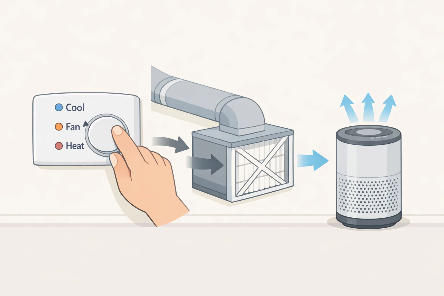 Illustration of smoke-day indoor air management with windows closed, HVAC fan set to On, and a portable air cleaner (or DIY box fan) pulling air through a high-efficiency filter