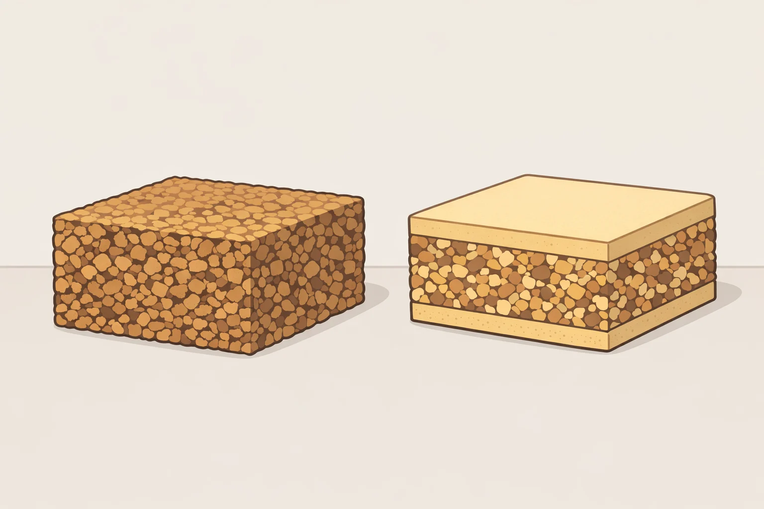 Cross-section comparison of natural binder-free expanded corkboard versus composite cork flooring with adhesives and a wear-resistant coating