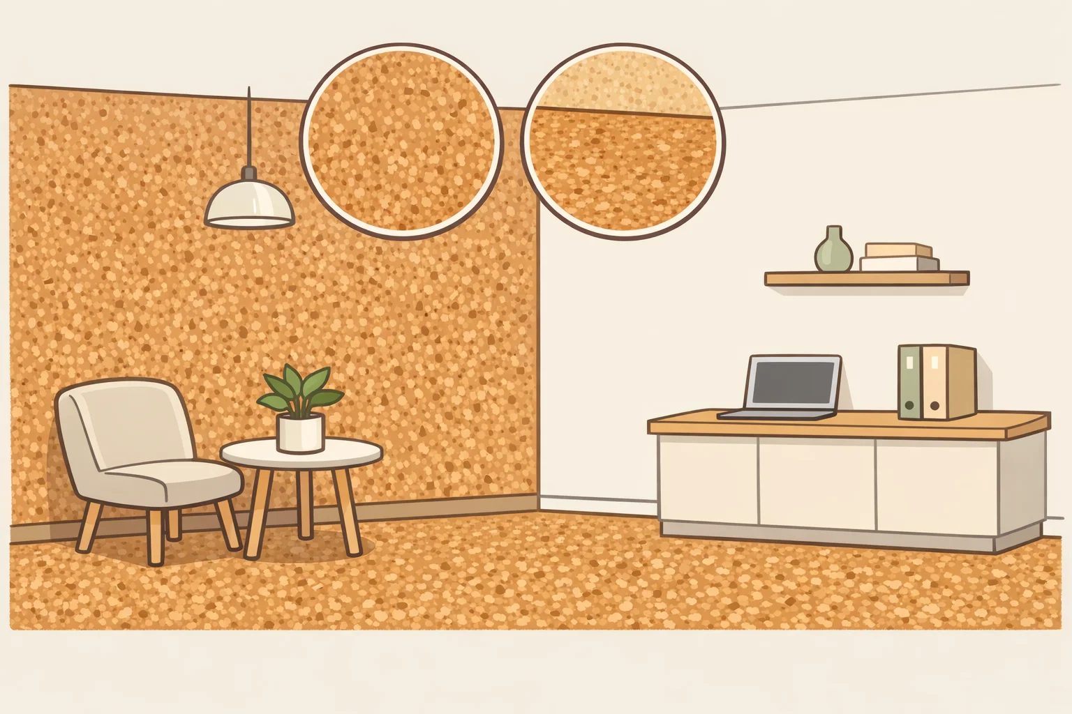A photographed cork interior design trend display at a commercial interiors event, showing cork wall and flooring textures