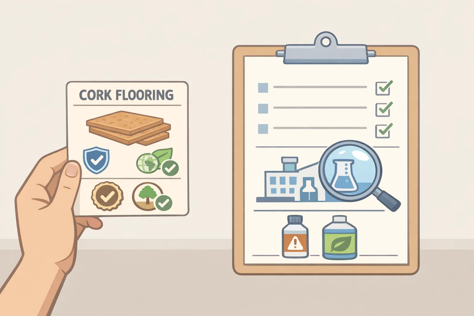 Close-up of a cork flooring spec sheet with durability, moisture, coating, and adhesive information highlighted for a cork interior design trend buyer