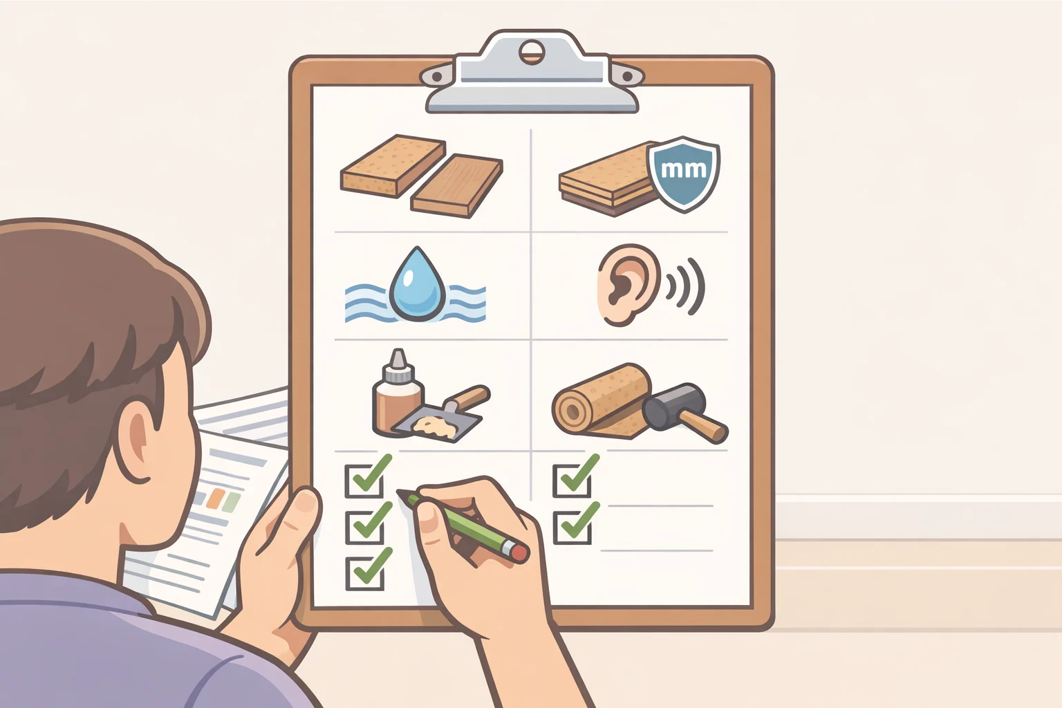 A purchasing checklist layout for cork wall panels and flooring, showing product type, wear layer, moisture rating, NRC acoustic data, adhesive disclosure, and installation requirements