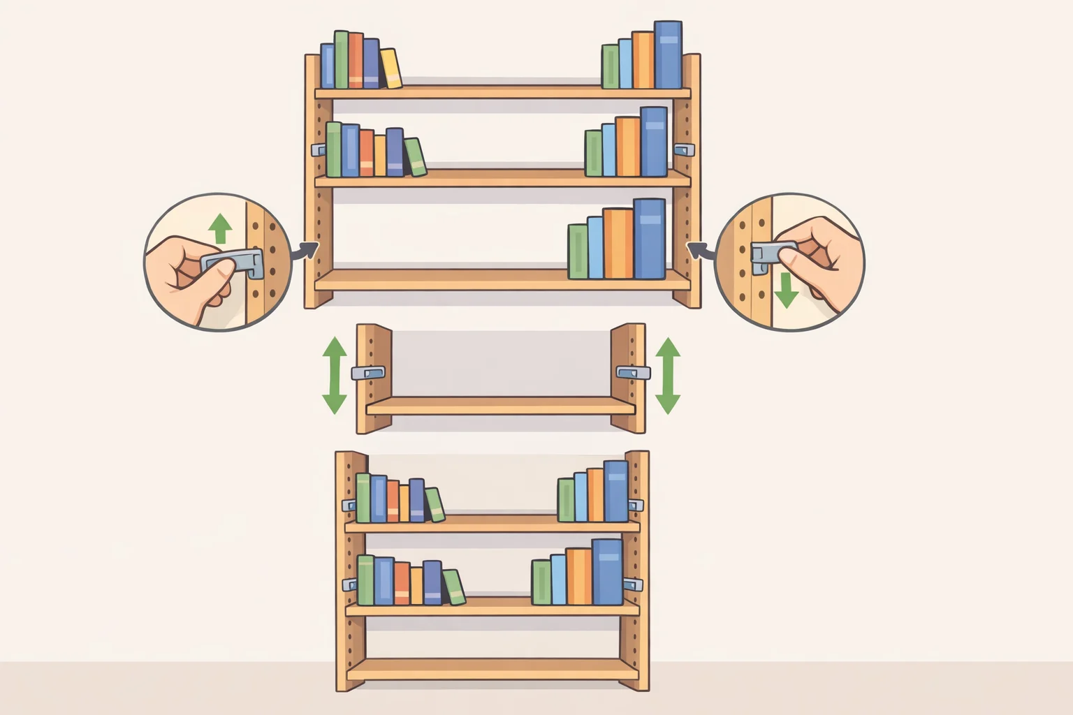 Adjustable bookcase showing shelf levels repositioned so the bottom shelf fits oversized books flat, middle shelves fit standard hardcovers, and the top shelf fits smaller paperbacks