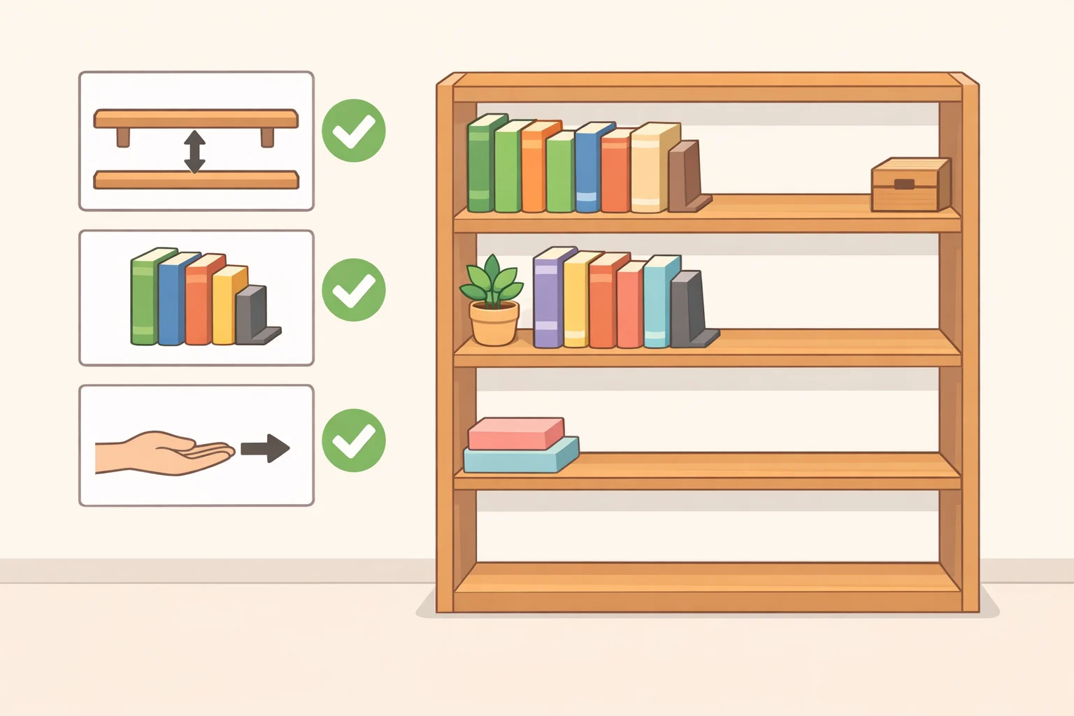 A visual checklist confirming every shelf level was repositioned, all books stand upright without leaning, and pulling a single book requires no tugging its neighbors