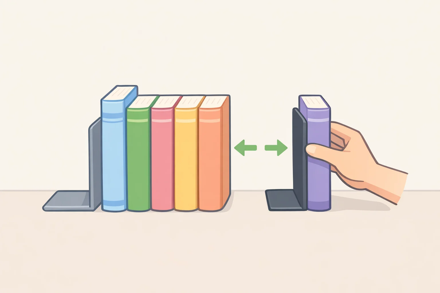 Close-up of a shelf with Group B books standing upright side-by-side, minimal clearance above, and a bookend holding the row so books stay supported without leaning or abrasion