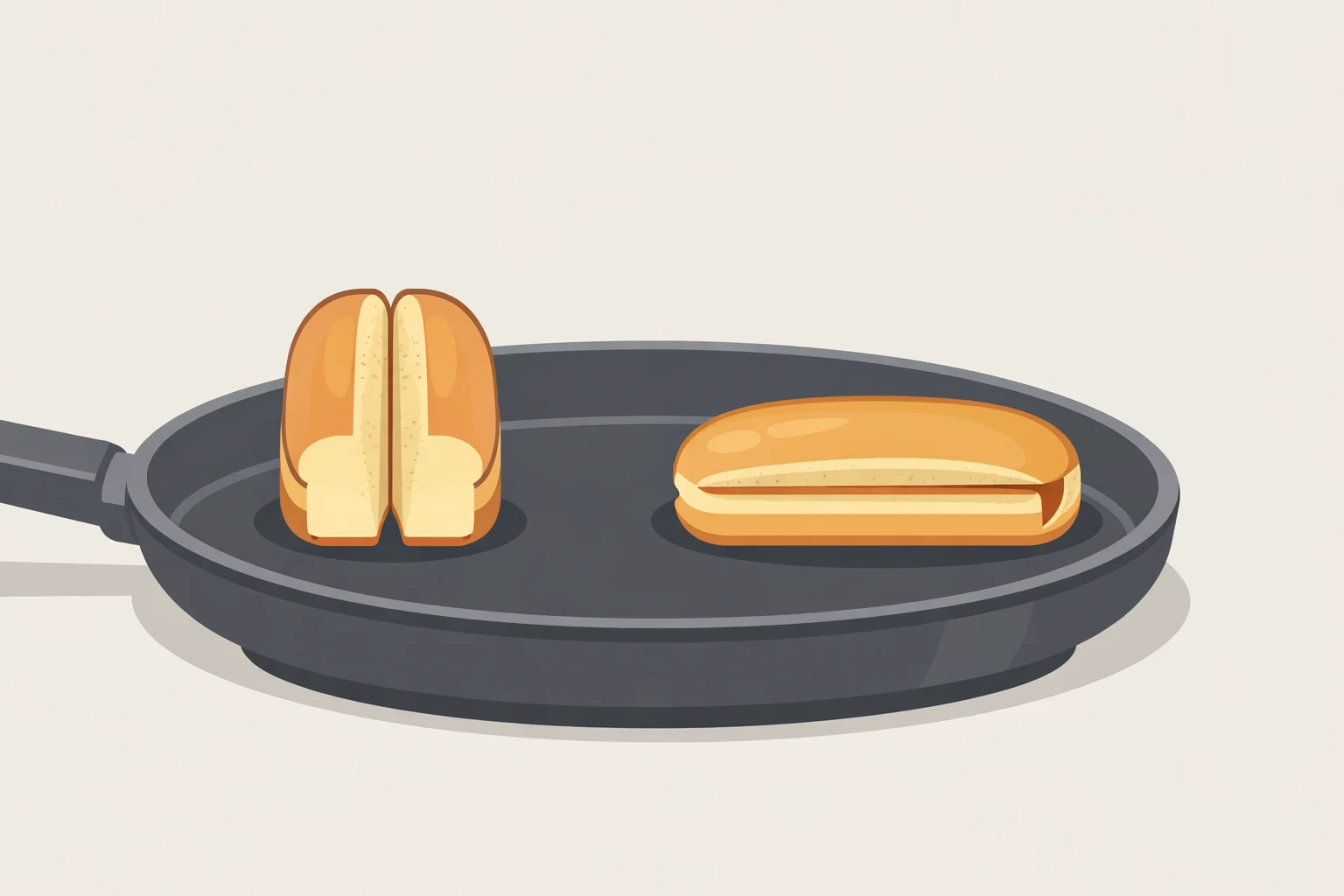 Split-top and side-loader hot dog buns shown cut-side down on a skillet, illustrating better full-surface contact for how to toast hot dog buns